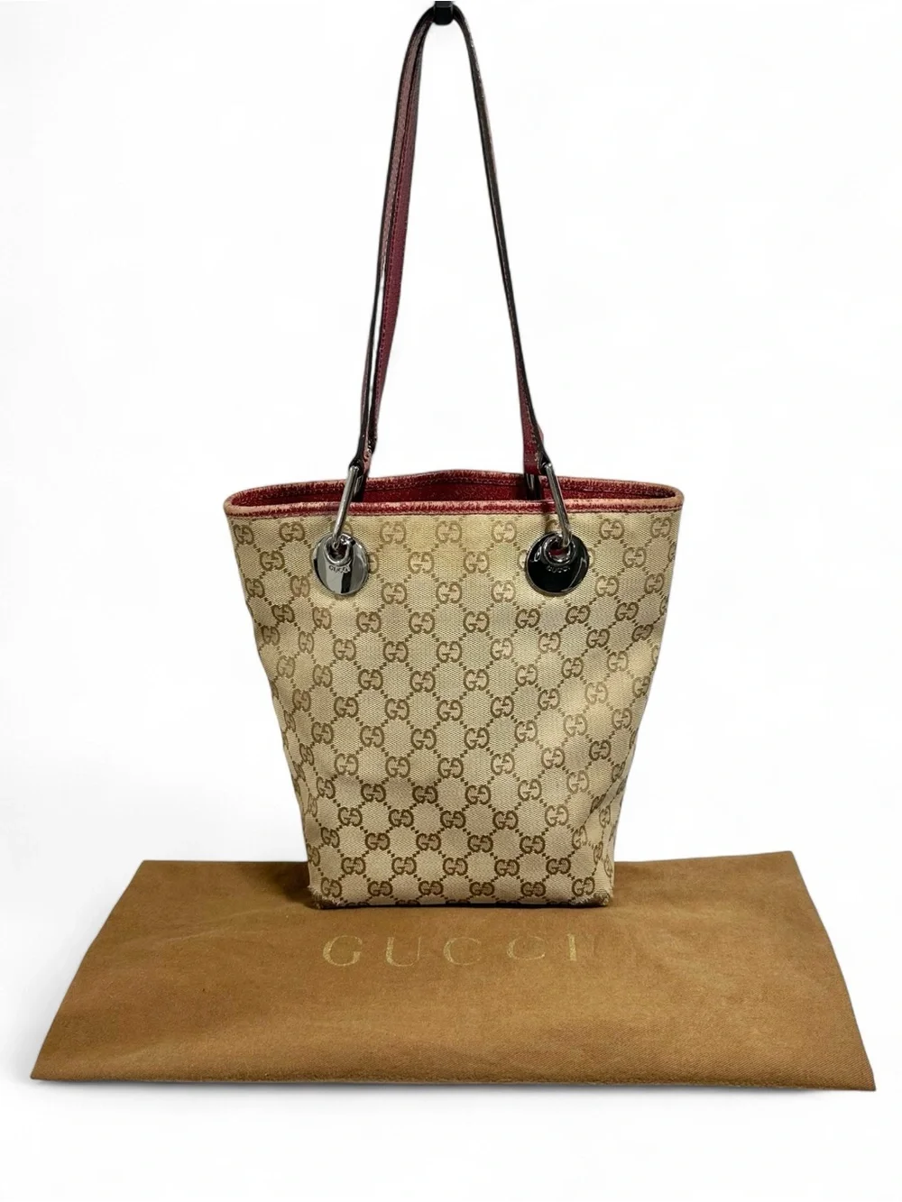 Gucci Eclipse Tan GG Monogram Canvas & Burgundy Red Leather Bucket Tote - Picture 3 of 14